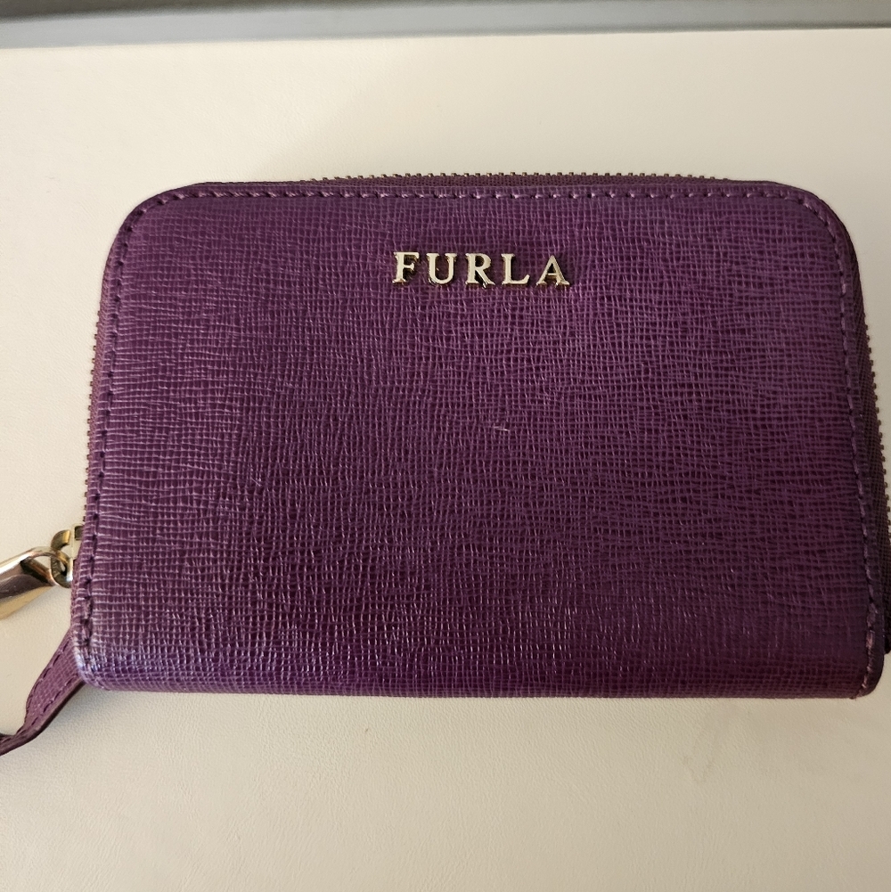 💜 ​Furla Babylon Saffiano Leather Zip-Around Coin Purse Wallet Purple Authentic